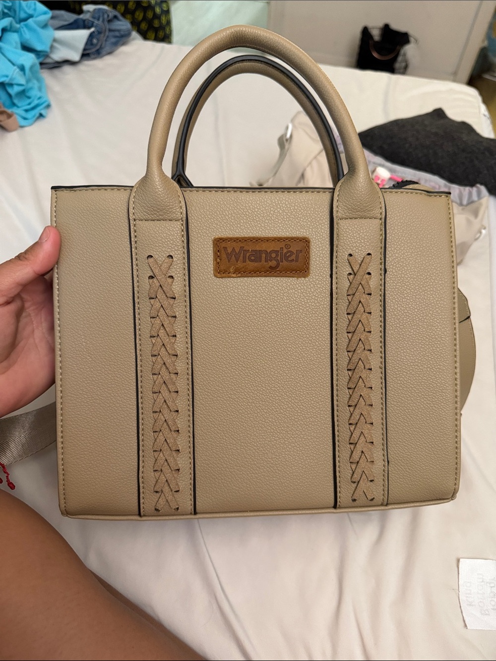 Wrangler Taupe Leatherette Satchel with Braided Trim